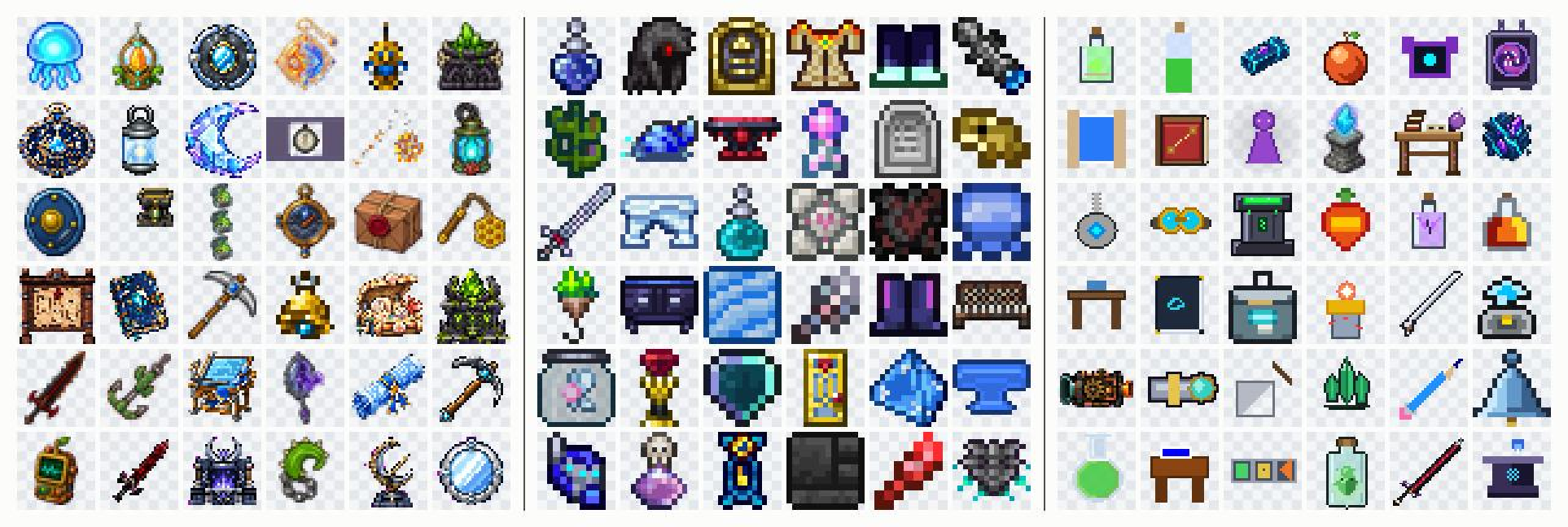 Terraria item textures grouped by generation method